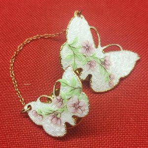 Vintage Guilloché Enamel Gold Tone Butterfly Pins with Chain